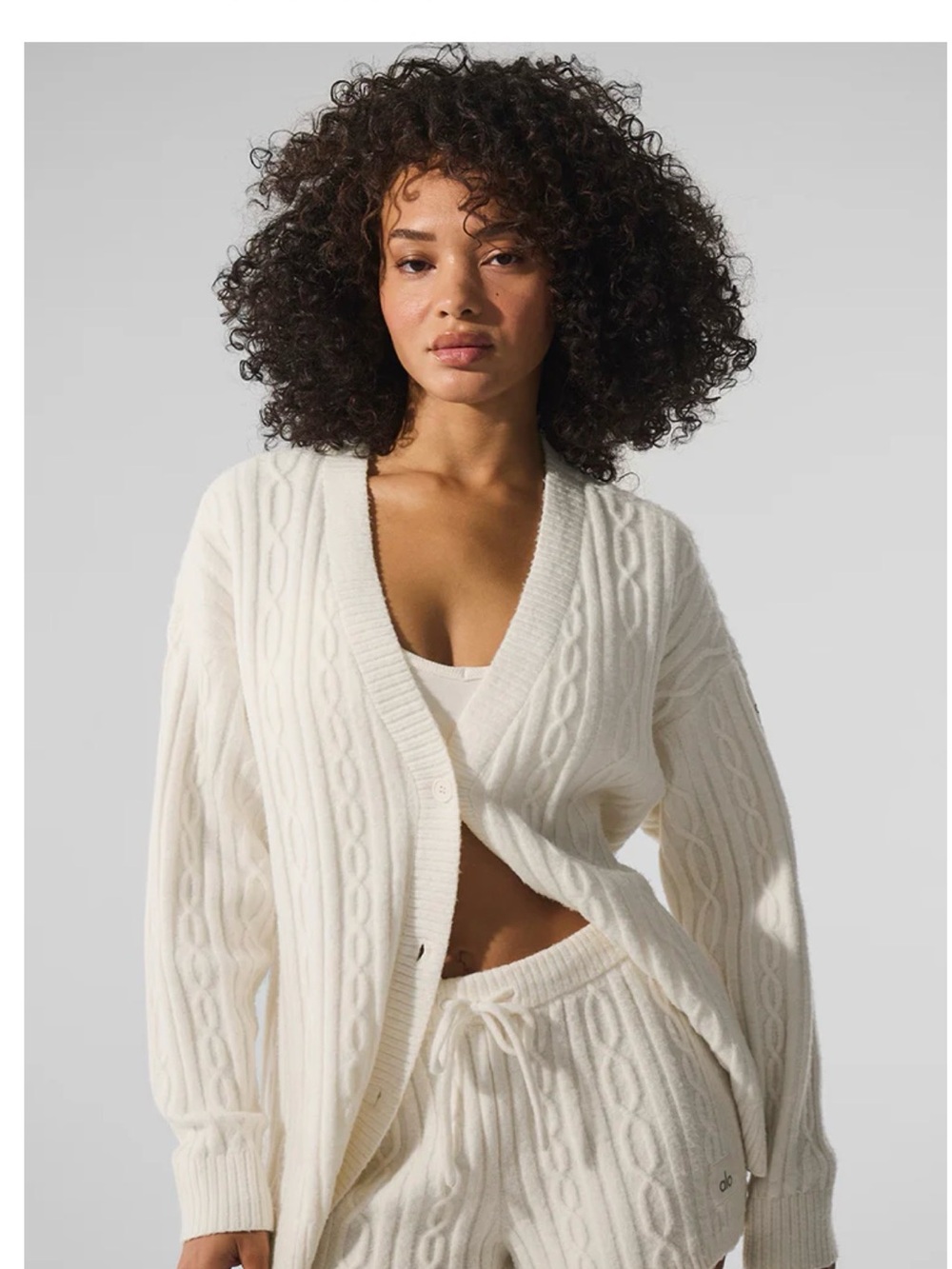 ALO Yoga Cream Cable-Knit V-Neck Cardigan